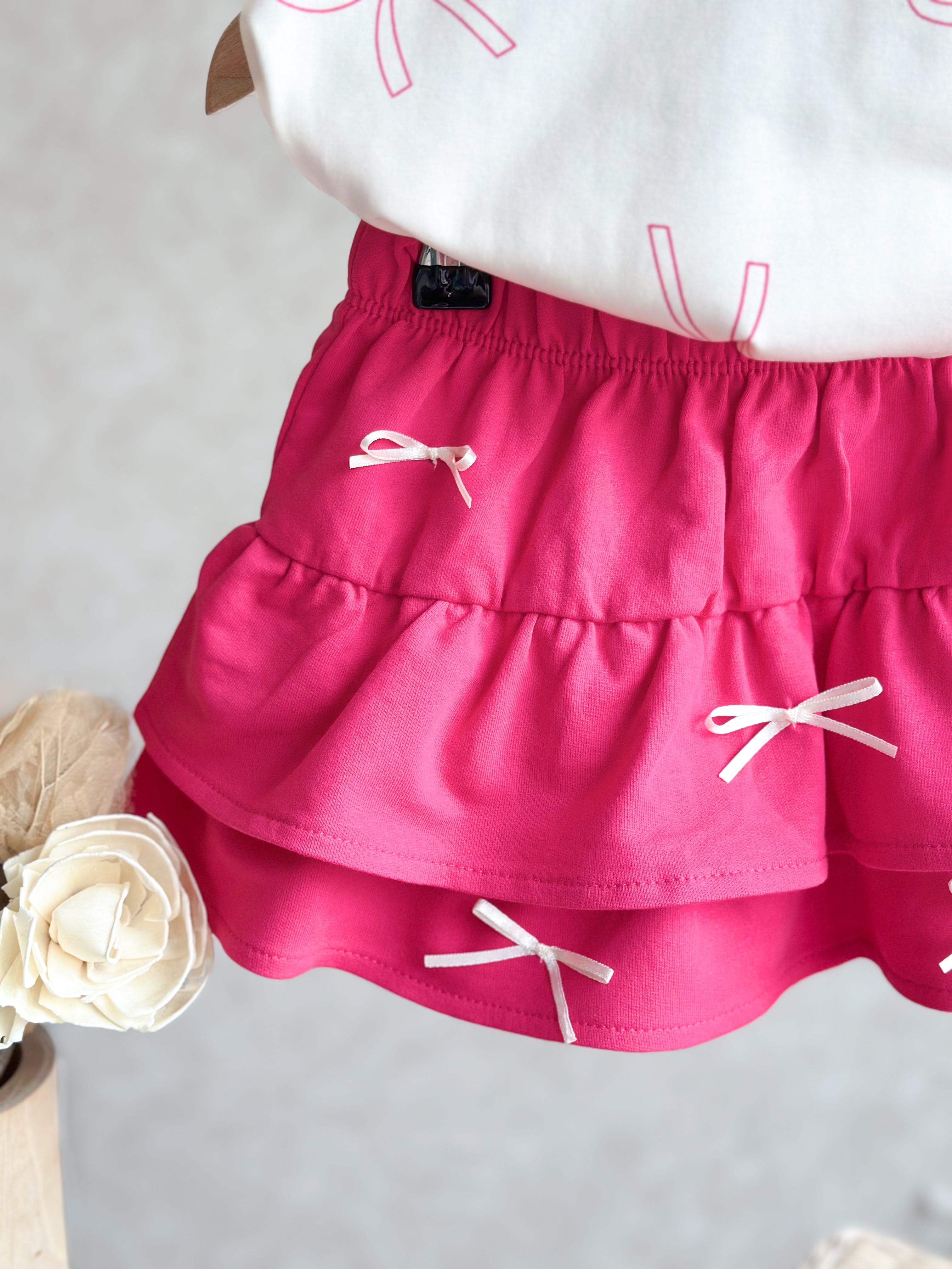 Bebe Yaka Fiyonk Detaylı Kız Çocuk T-Shirt ve Etek Takım