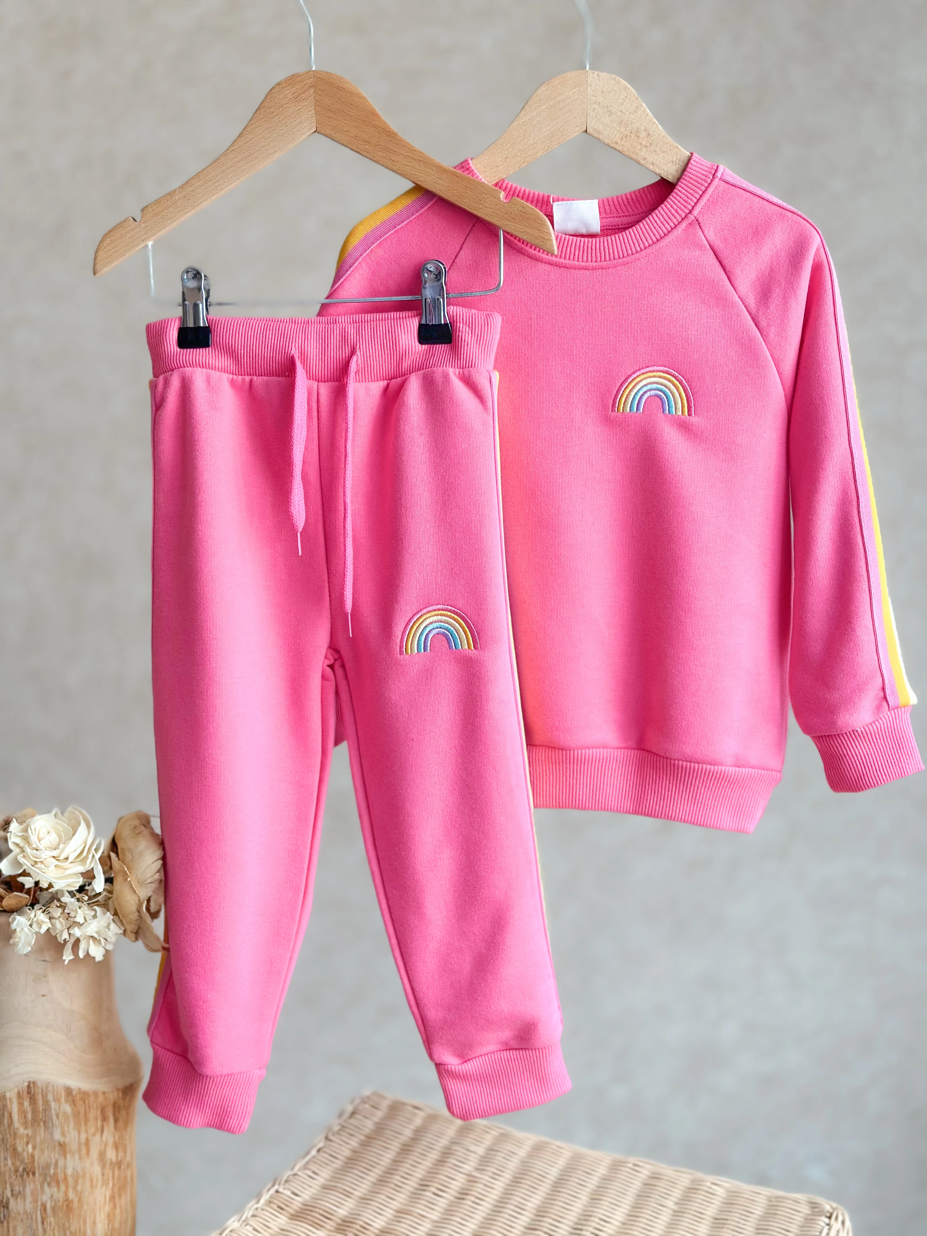 Gökkuşağı Nakışlı Sweatshirt ve Eşofman Takım-Pembe