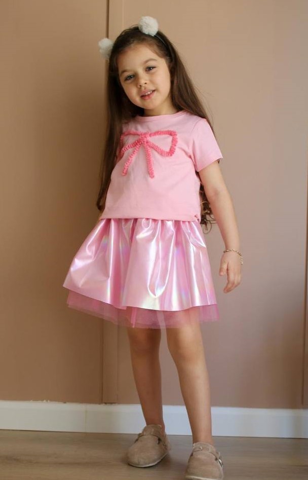 Fiyonk Detaylı Kız Çocuk T-Shirt ve Etek Takım-Pembe