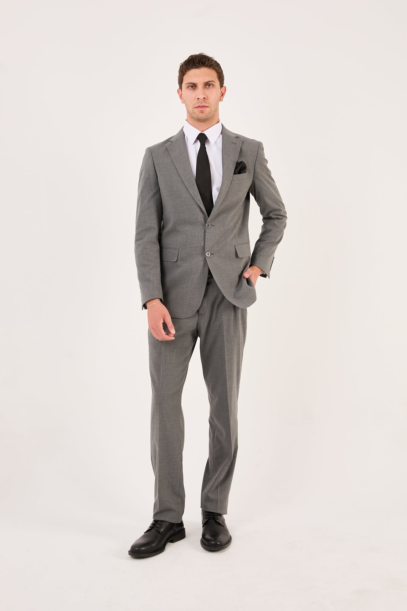 wodelli Erkek Slim Fit Gri Mono Yaka Likralı Çift Yırtmaçlı Takım Elbise