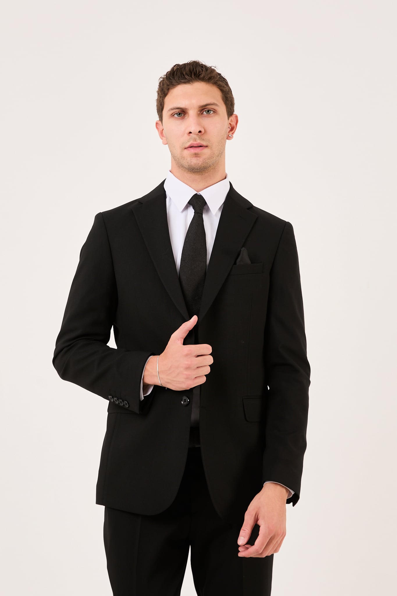 wodelli Erkek Slim Fit Siyah Mono Yaka Likralı Çift Yırtmaçlı Takım Elbise