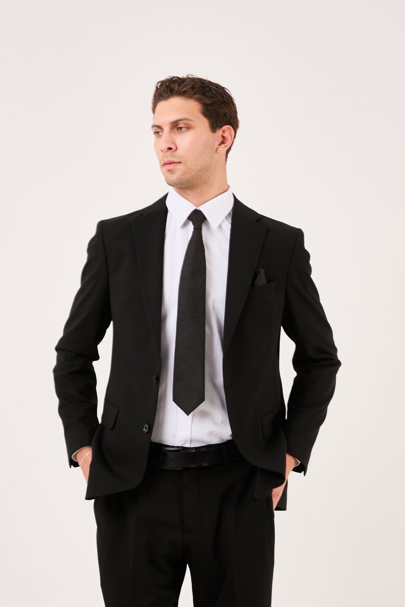 wodelli Erkek Slim Fit Siyah Mono Yaka Likralı Çift Yırtmaçlı Takım Elbise
