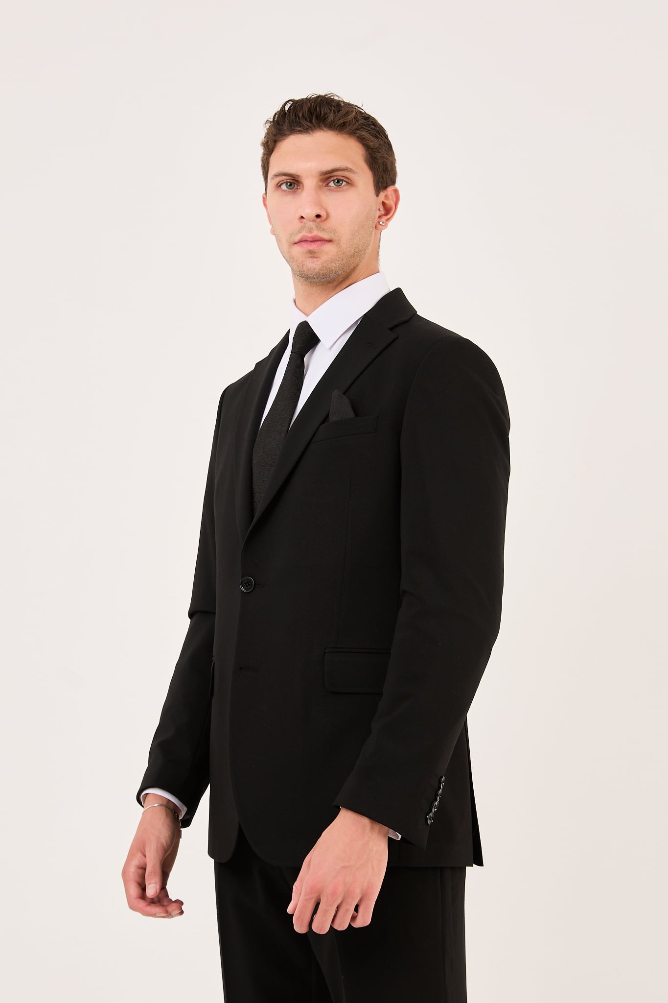 wodelli Erkek Slim Fit Siyah Mono Yaka Likralı Çift Yırtmaçlı Takım Elbise