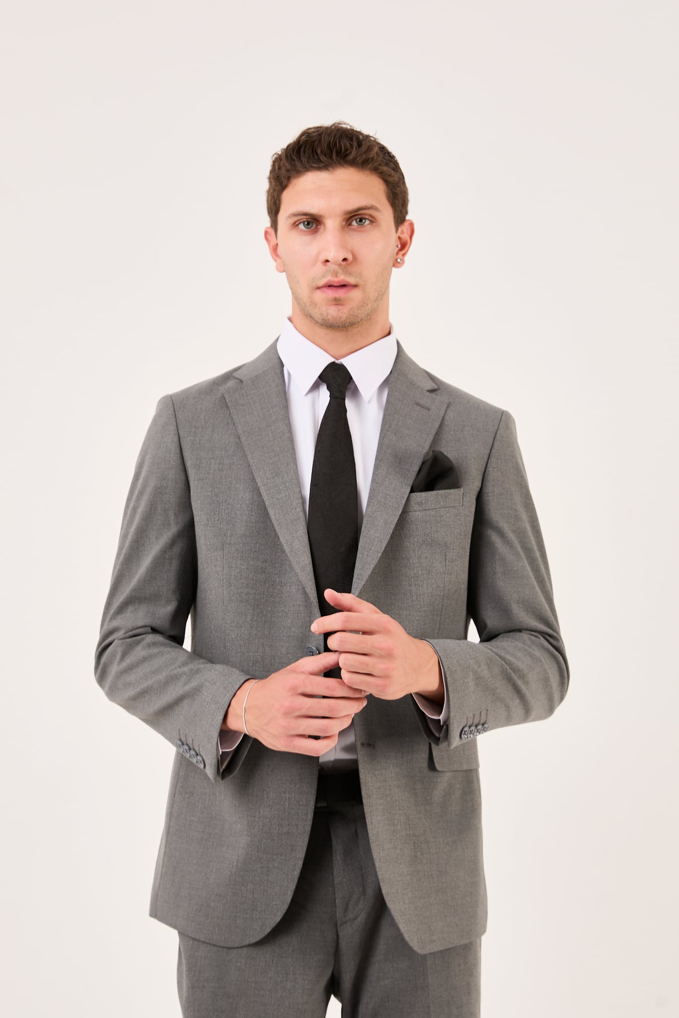 wodelli Erkek Slim Fit Gri Mono Yaka Likralı Çift Yırtmaçlı Takım Elbise