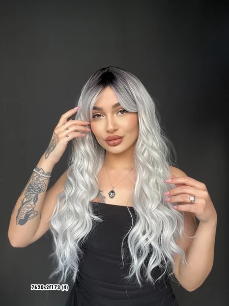 Doğal Su Dalgalı Peruk Uzun Kahküllü Fiber  Siyah Açık gri