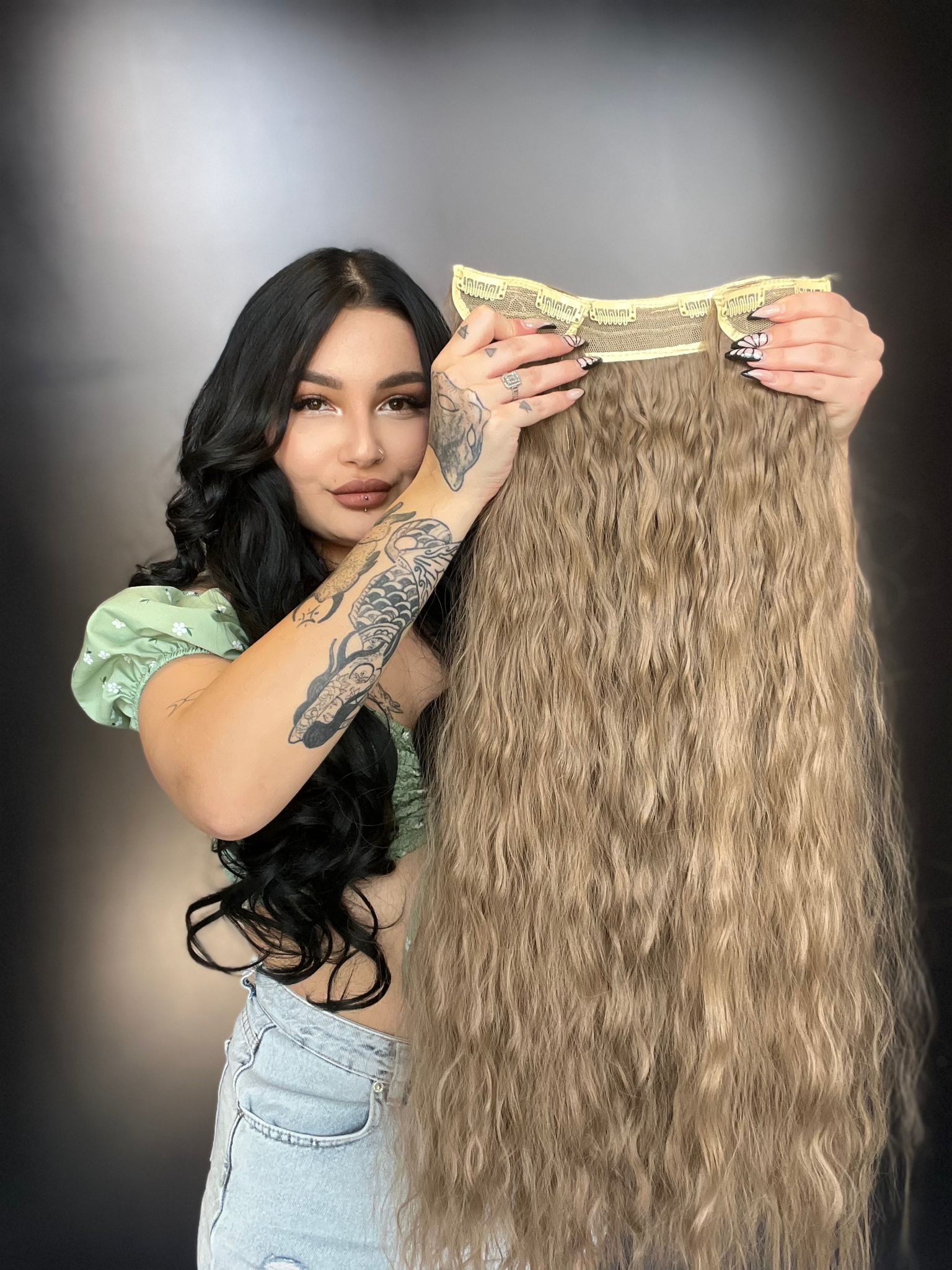 Afro  Dalgalı Yarım Ay + 2 Yan Çıt Çıt - Kumral Beyaz Platin Röfleli