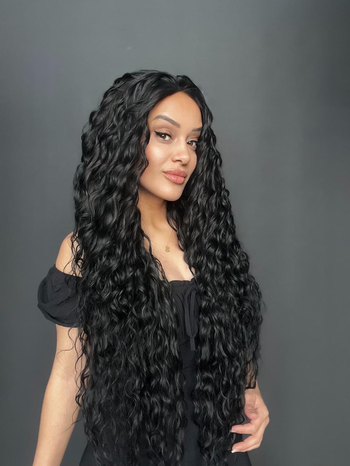 Siyah Fiber Sentetik Tül Peruk (Her yöne ayrımlı tam tül peruk)