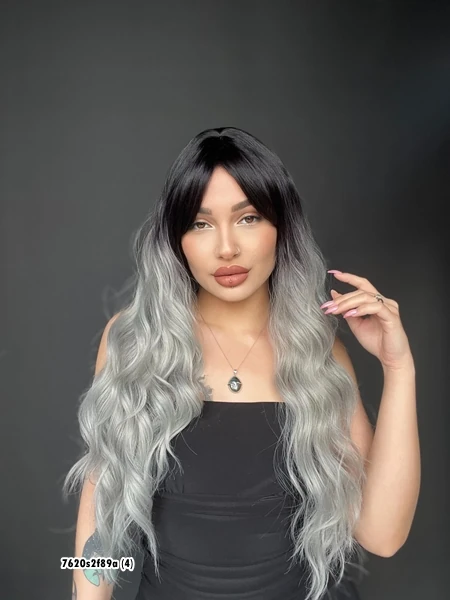 Doğal Su Dalgalı Peruk Uzun Kahküllü Fiber  Siyah Grey