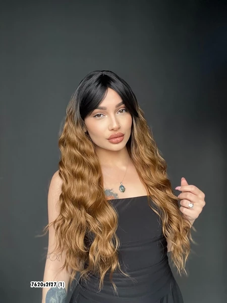 Doğal Su Dalgalı Peruk Uzun Kahküllü Fiber  Siyah Karamel