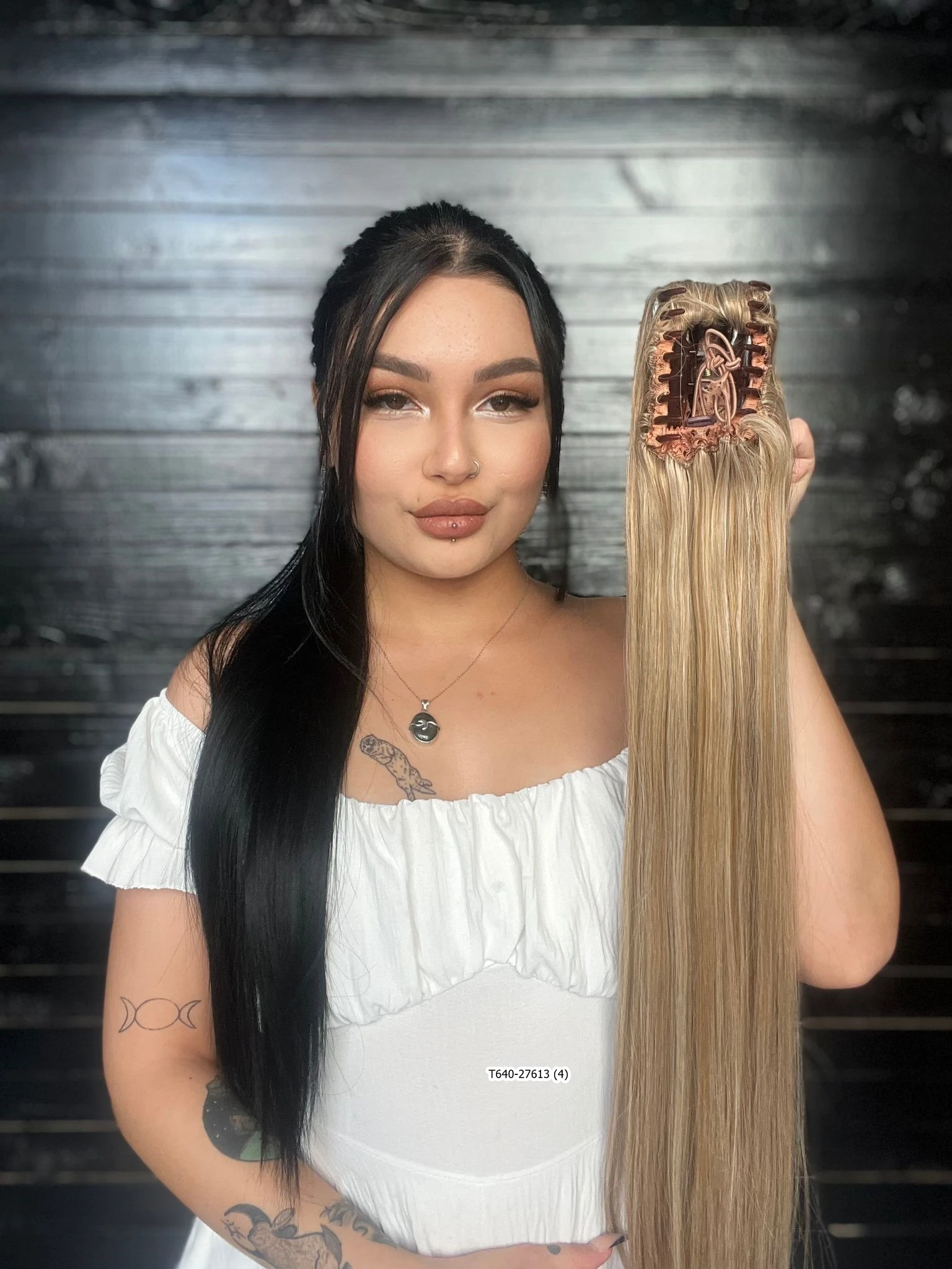 70cm Postiş Tokalı Düz At Kuyruğu - Karamel Platin Röfleli