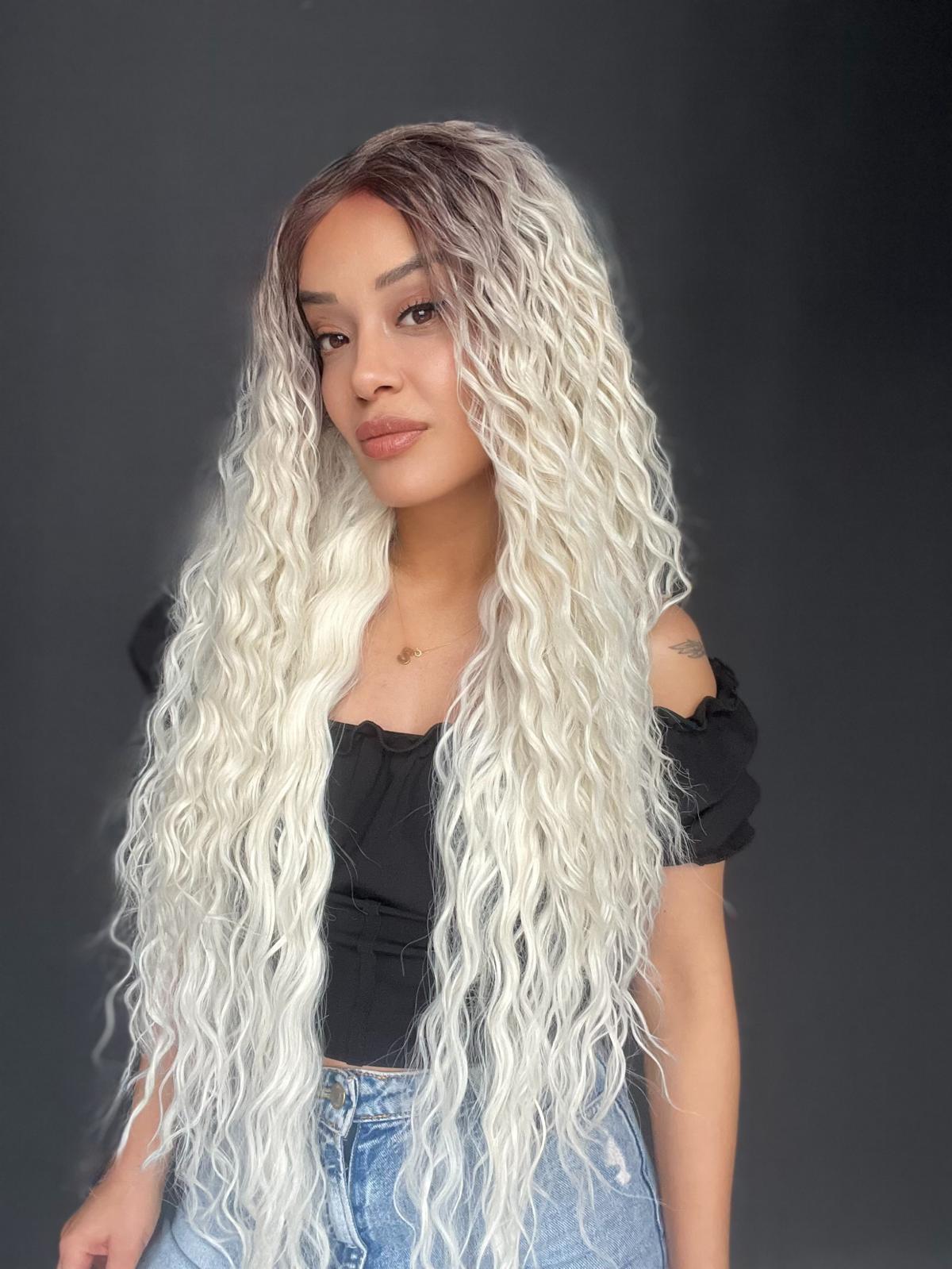 Rus Kumralı Beyaz Platin Ombreli Fiber Sentetik Tül Peruk (Her yöne ayrımlı tam tül peruk)