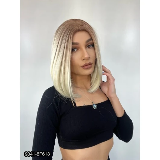 Kahkülsüz Düz Kısa Fiber Sentetik Peruk - Küllü Açık Kahve / Platin Ombreli