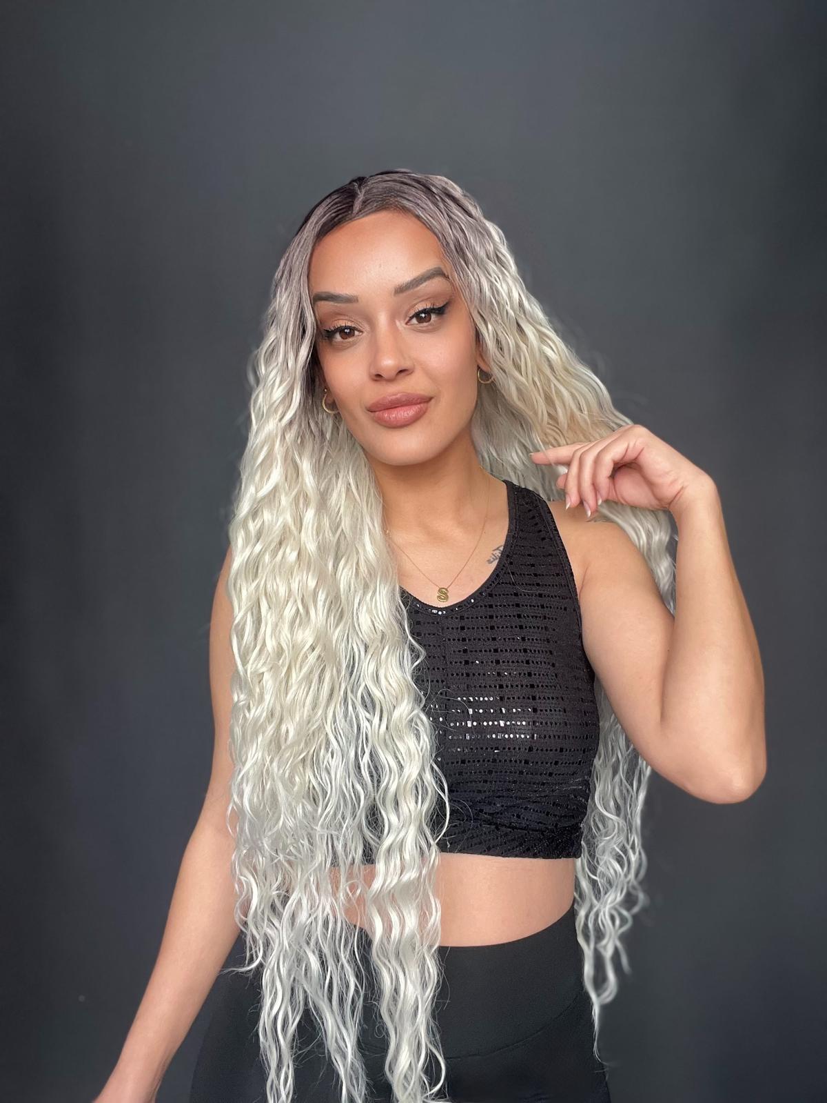 Açık Kumral Platin Ombreli Fiber Sentetik Tül Peruk (Her yöne full ayrımlı tam tül peruk)