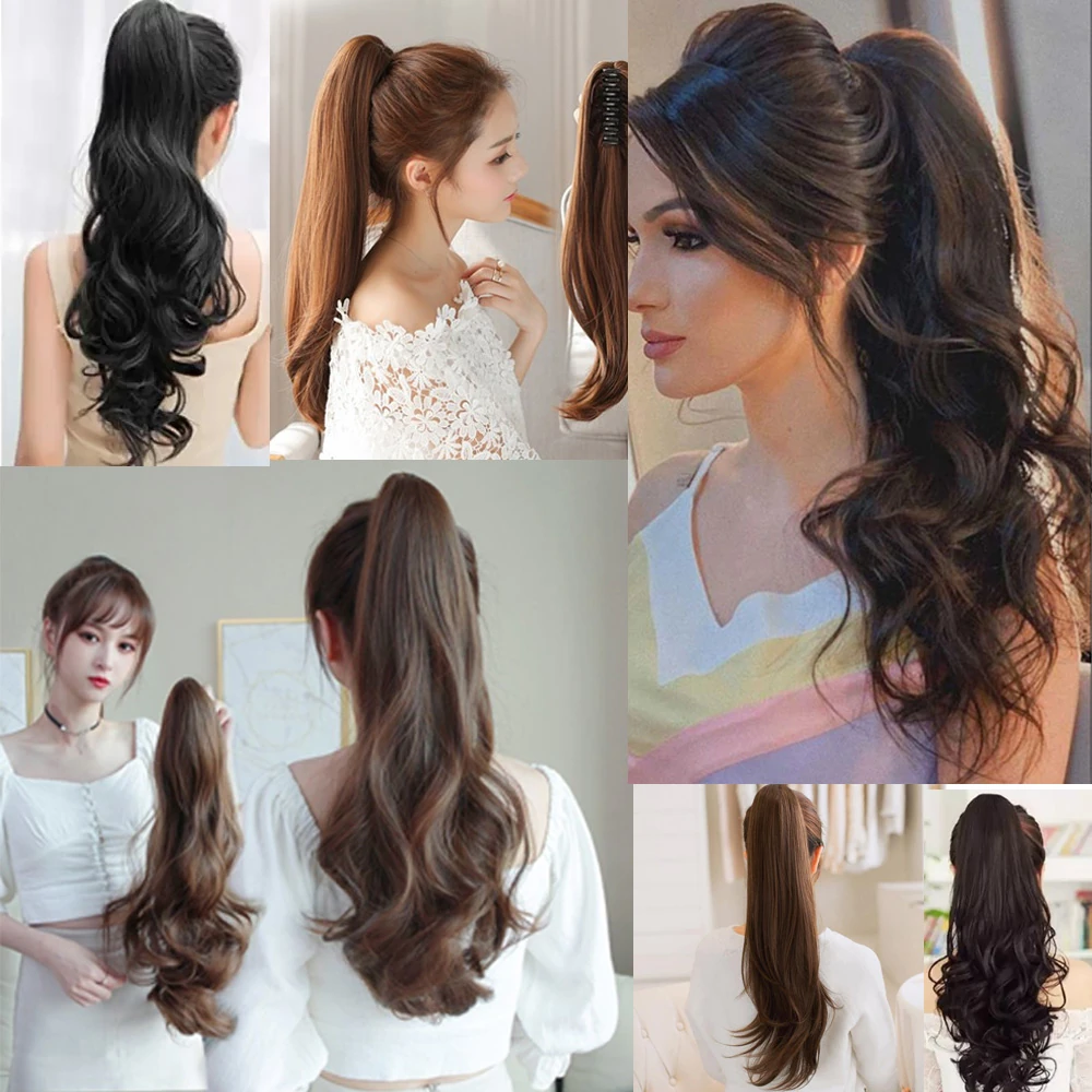 Tak ve Çık Postiş Tokalı Dalgalı At Kuyruğu - Açık Kahve