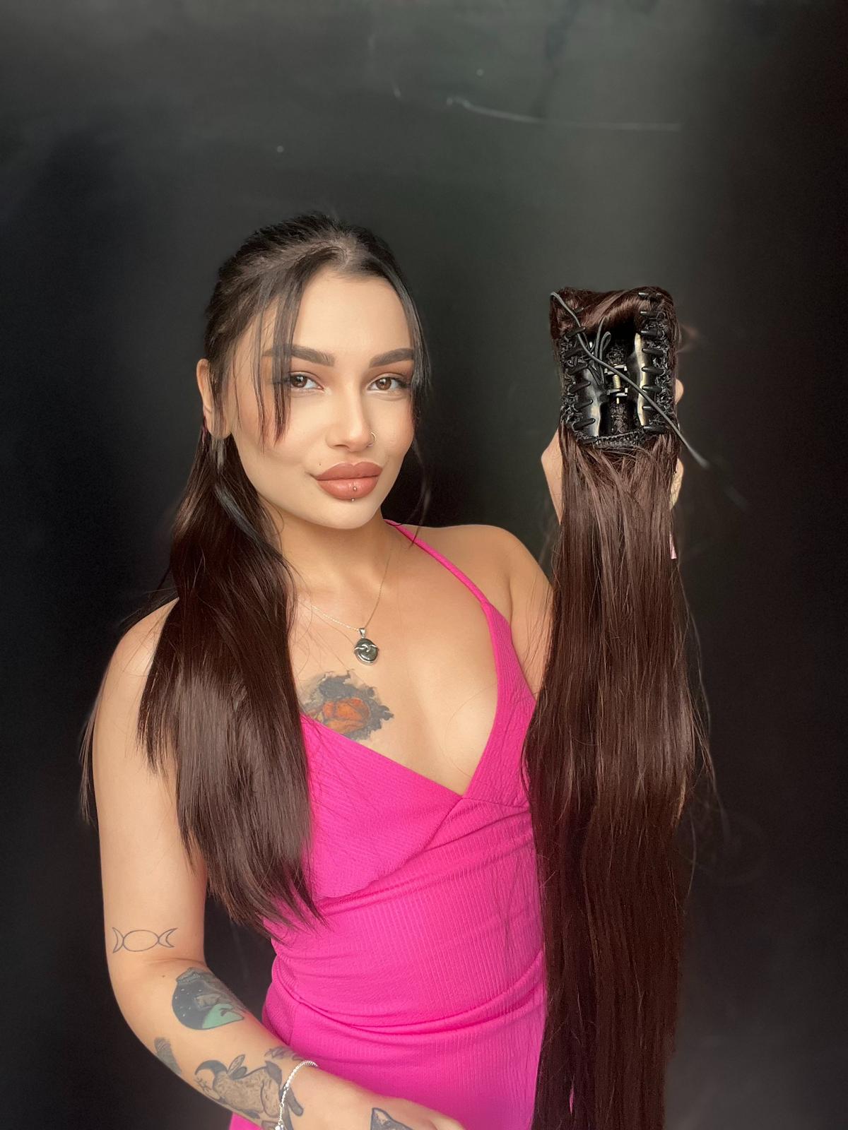 Düz At Kuyruğu Postiş Mandallı Tokalı fiber 60 cm Mokka kahve