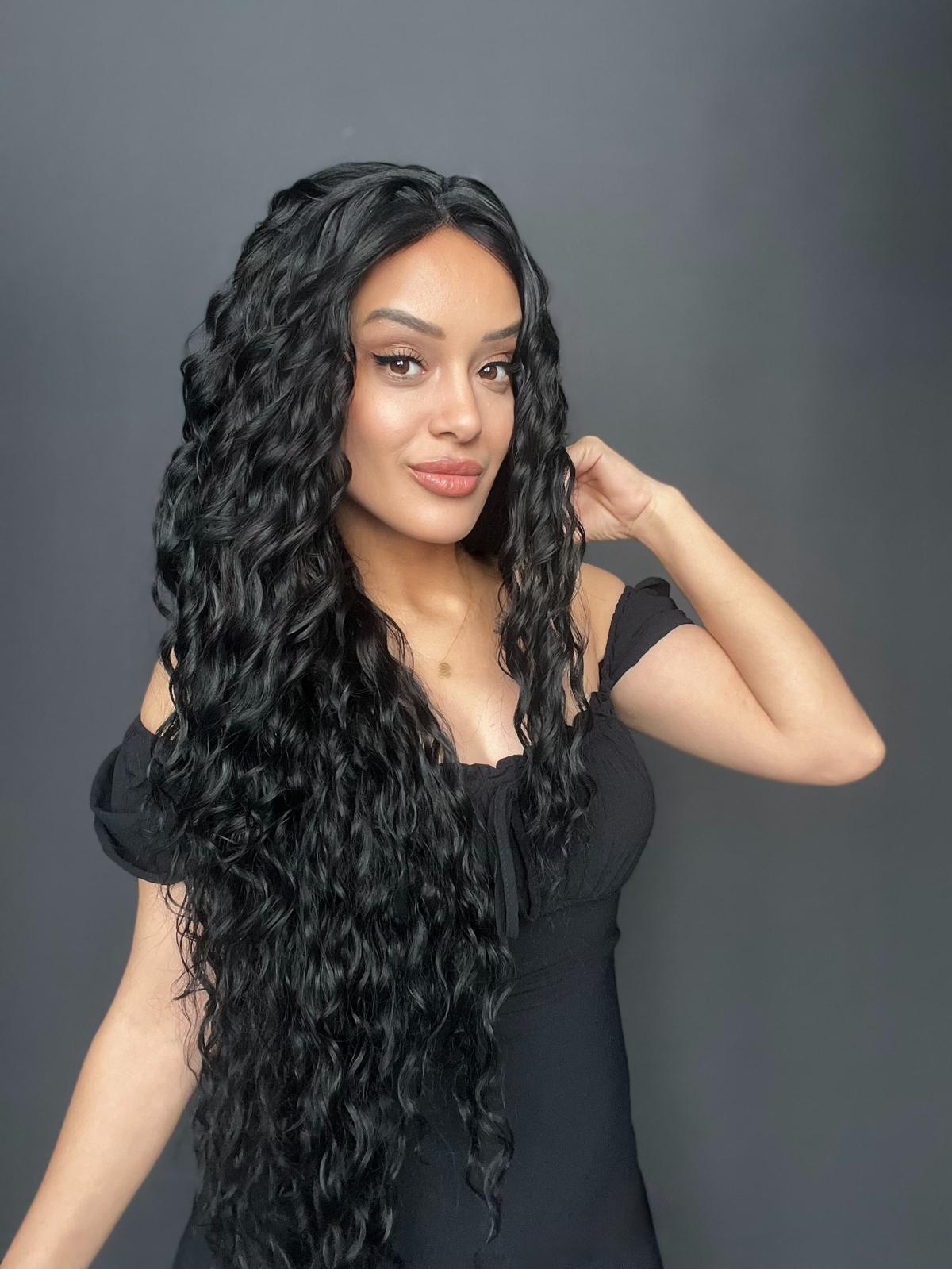 Siyah Fiber Sentetik Tül Peruk (Her yöne ayrımlı tam tül peruk)