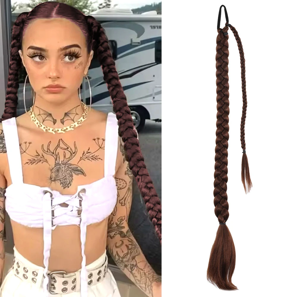 Üçlü Örgülü Tokalı Bağlamalı At Kuyruğu Kumral Kahve