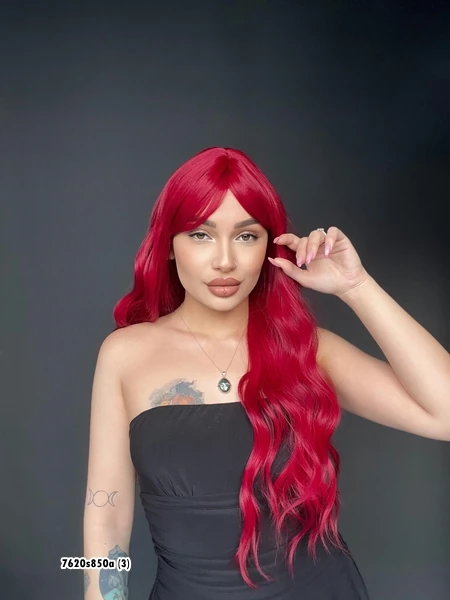 Doğal Su Dalgalı Peruk Uzun Kahküllü FibeR KIZIL PERUK