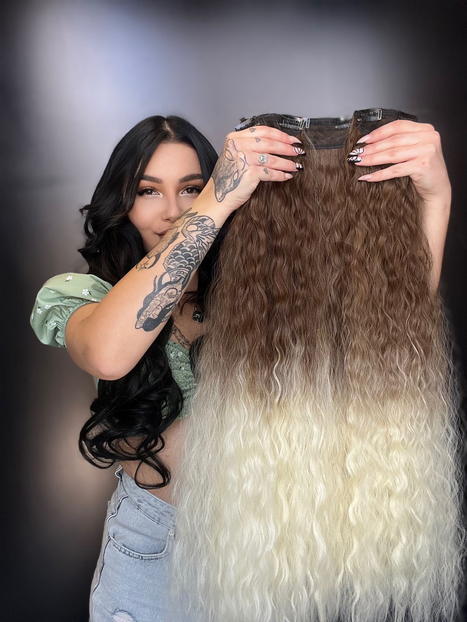 Afro  Dalgalı Yarım Ay + 2 Yan Çıt Çıt - Kumral Küllü ombreli 2