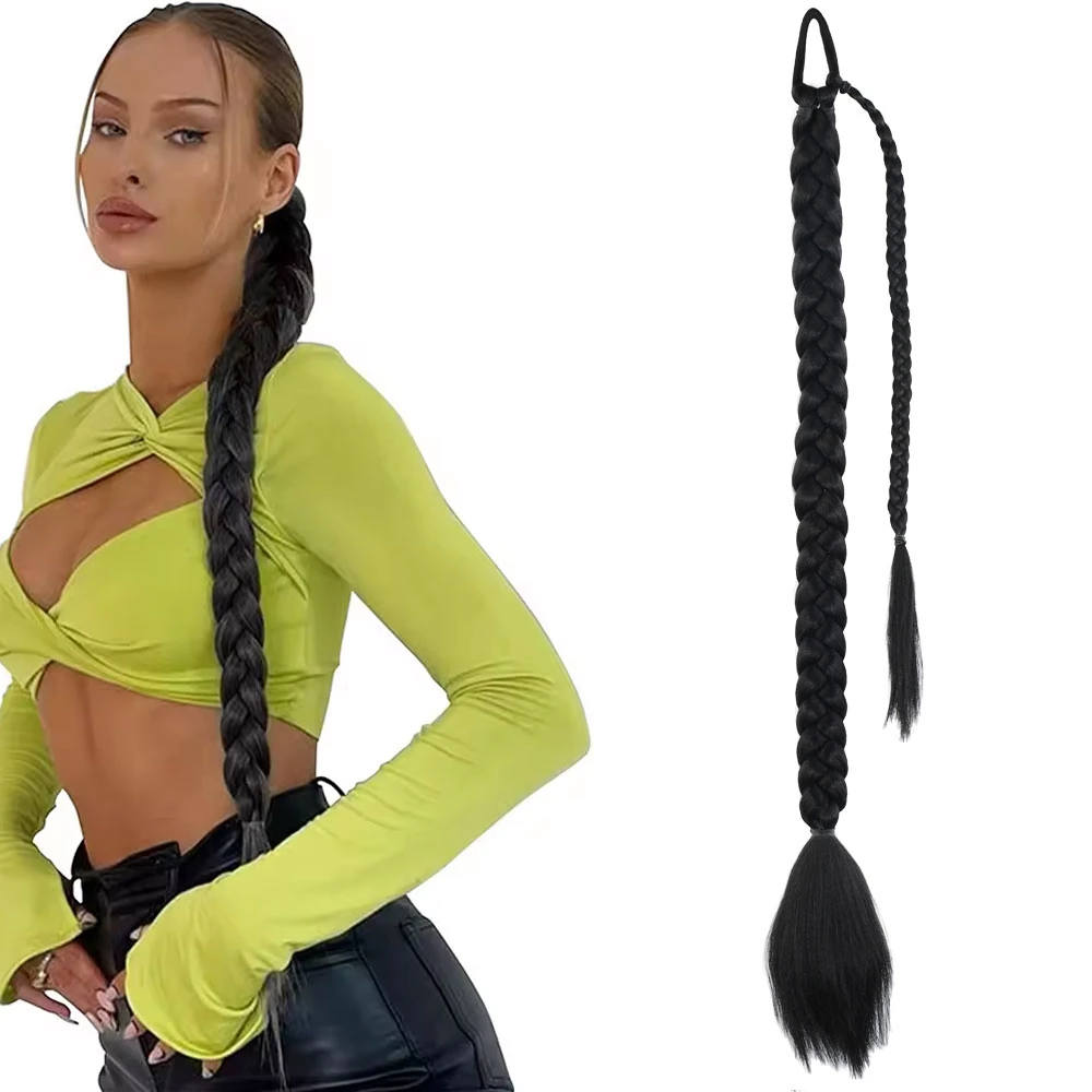 Üçlü Örgülü Tokalı Bağlamalı At Kuyruğu Simsiyah