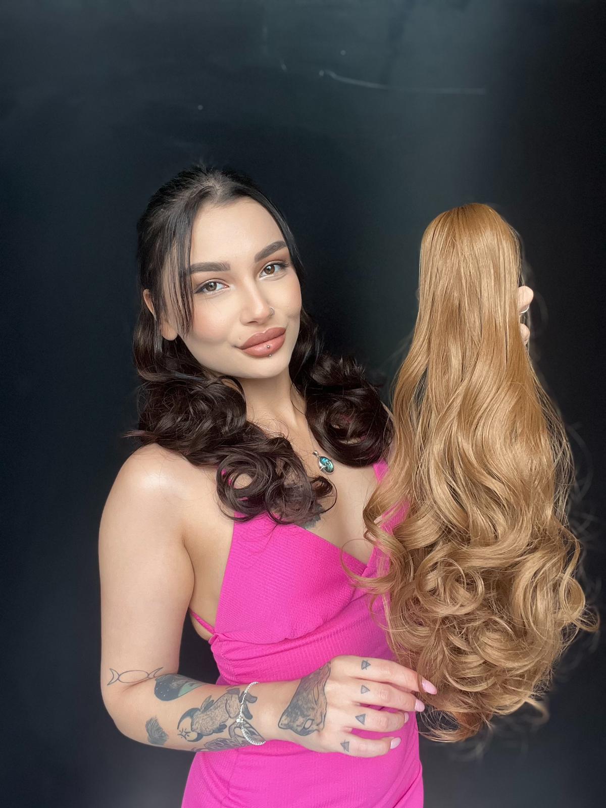 Mandallı Postik Toka At kuyruğu 55 cm Dalgalı fönlenebilir Karamel