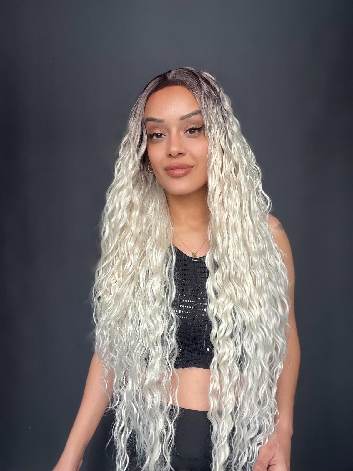 Açık Kumral Platin Ombreli Fiber Sentetik Tül Peruk (Her yöne full ayrımlı tam tül peruk)