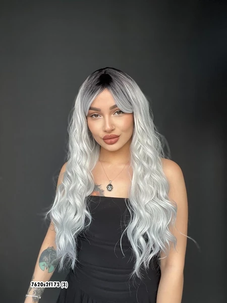 Doğal Su Dalgalı Peruk Uzun Kahküllü Fiber  Siyah Açık gri