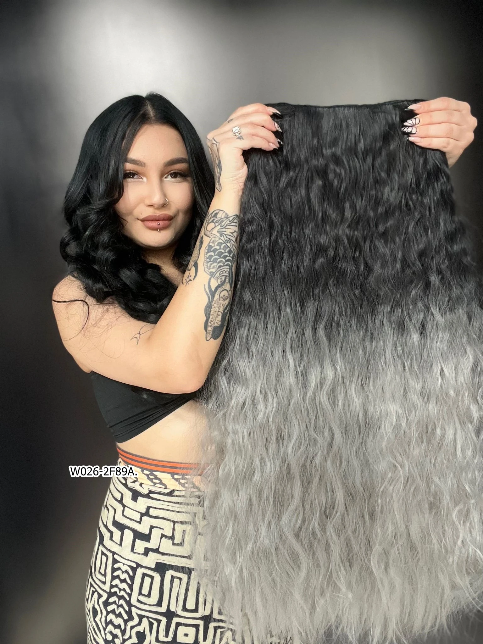 Afro Dalgalı Yarım Ay + 2 Yan Çıt Çıt - Siyah Gri Ombreli