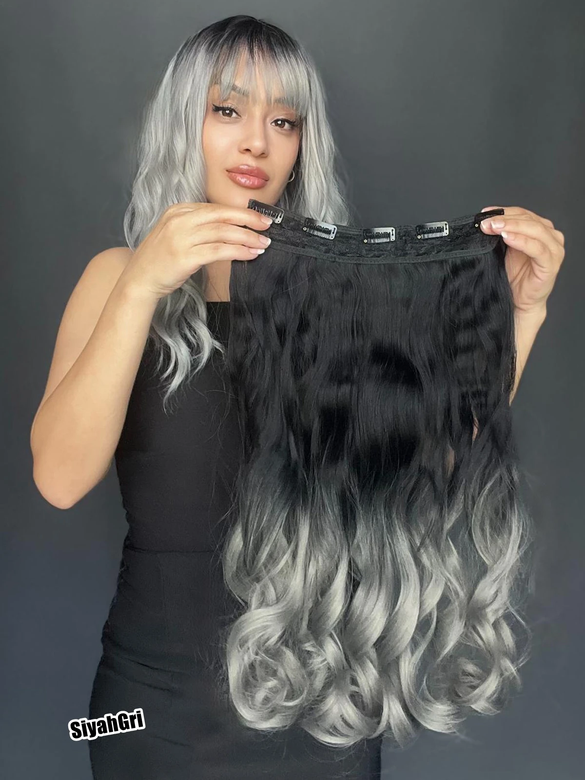 Dalgalı Geniş Parça Yarımay Çıtçıt Saç Siyah Gri