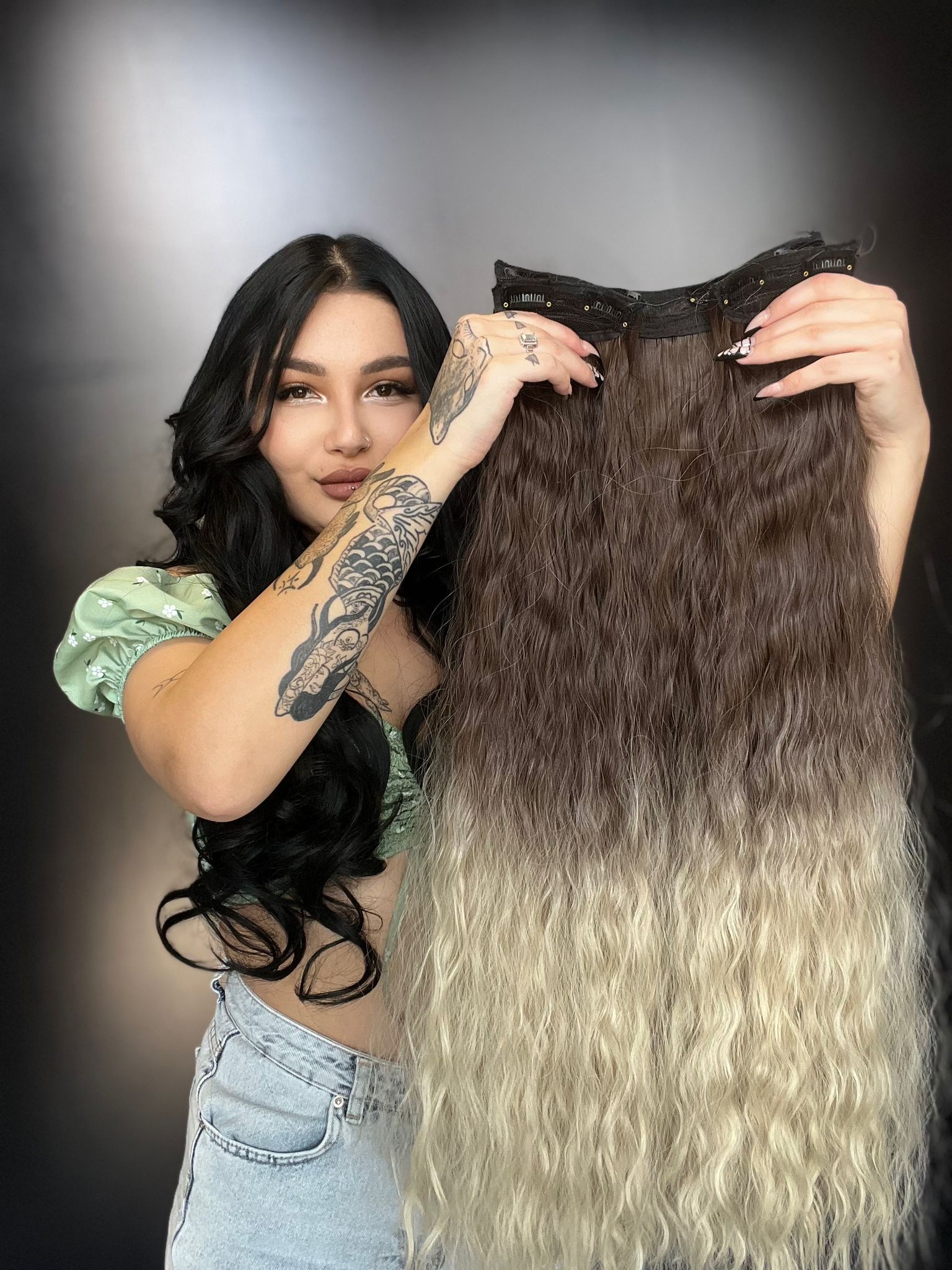 Afro  Dalgalı Yarım Ay + 2 Yan Çıt Çıt - Küllü Kumral Ombreli Platin