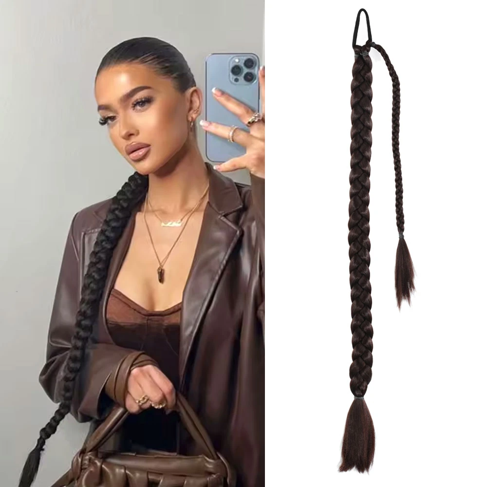 Üçlü Örgülü Tokalı Bağlamalı At Kuyruğu Koyu Kahve