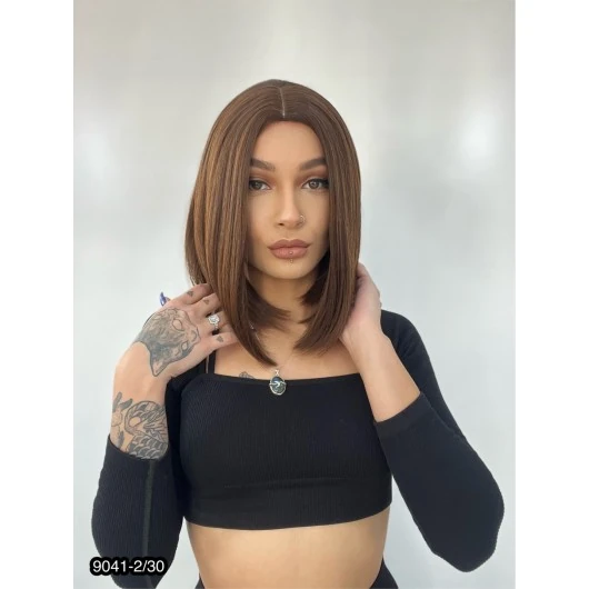 Kahkülsüz Düz Kısa Fiber Sentetik Peruk - Kahve Karamel