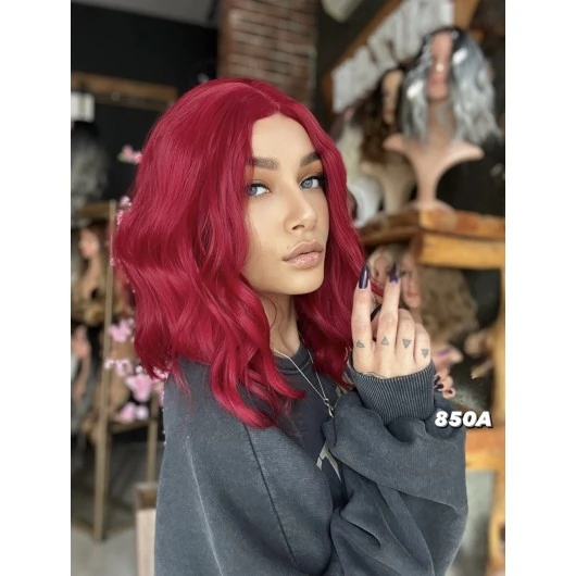 Fiber Sentetik Kısa Dalgalı Perçemsiz Peruk - Kızıl