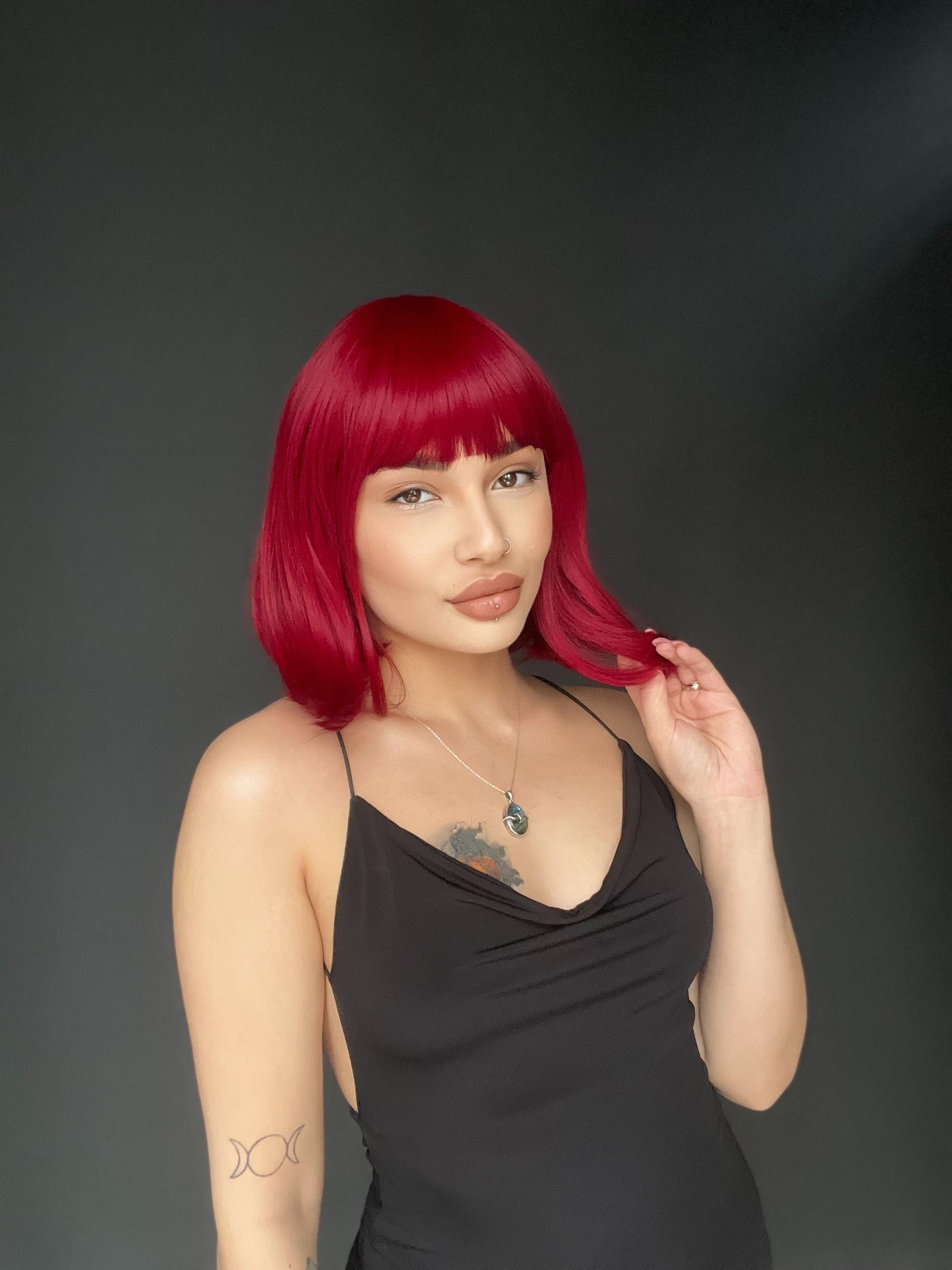 Kısa Küt Perçemli Bob Pedikal Peruk Kanser Kemoterapi uygundur Kızıl