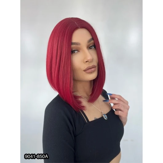 Kahkülsüz Düz Kısa Fiber Sentetik Peruk - Kızıl