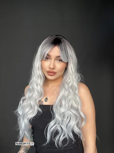 Doğal Su Dalgalı Peruk Uzun Kahküllü Fiber  Siyah Açık gri