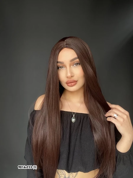 Düz uzun Perçemsiz Cilt görünümlü  Medikal  özel peruk Sıcak Kahve