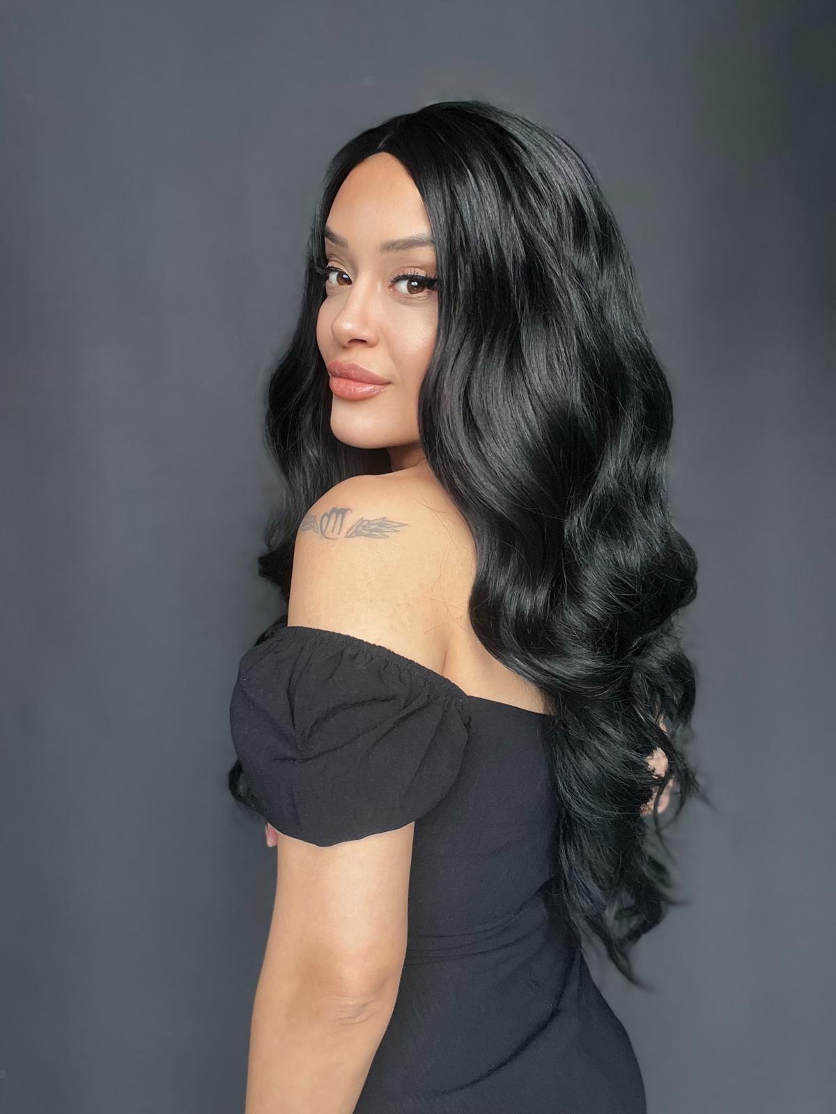 Uzun Siyah Su Dalgalı Fiber Sentetik Tül Peruk (Tepe Mini Baby tepe önler tül)