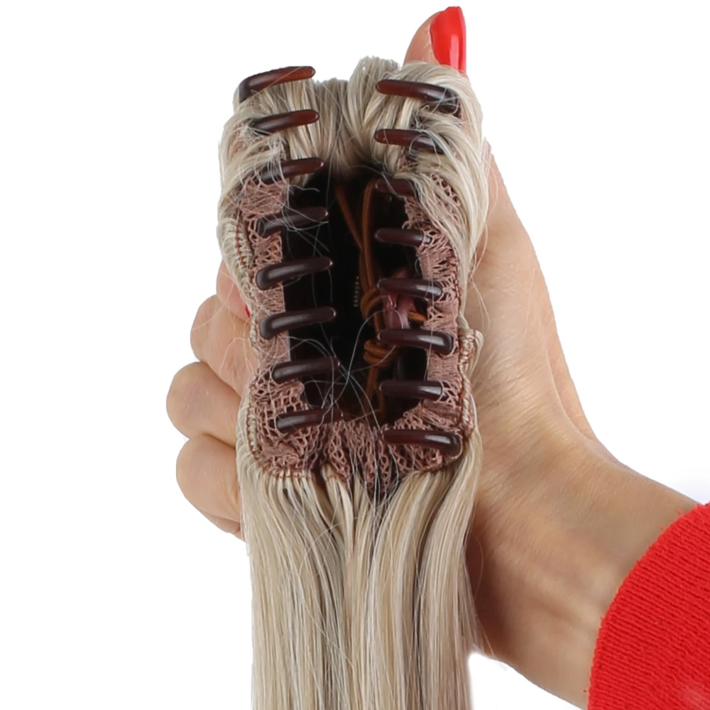 70cm Postiş Tokalı Düz At Kuyruğu - Karamel Platin Röfleli