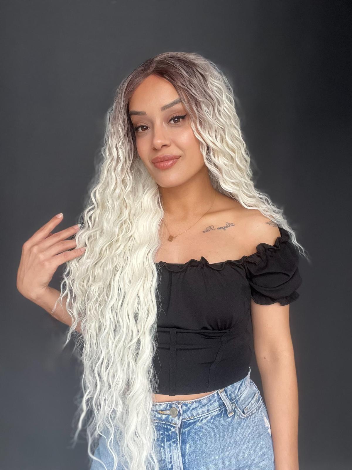 Rus Kumralı Beyaz Platin Ombreli Fiber Sentetik Tül Peruk (Her yöne ayrımlı tam tül peruk)