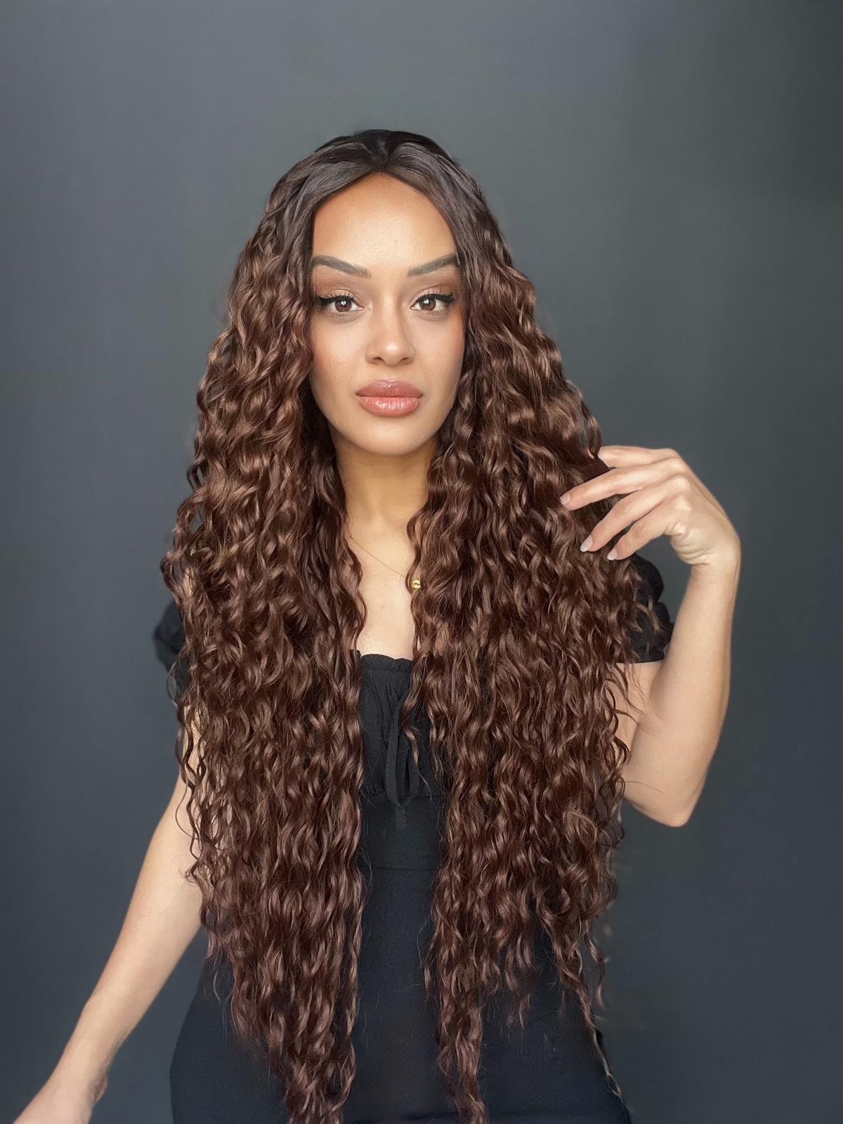 Kahve Karamel Ombreli Fiber Sentetik Tül Peruk (Tam tül peruk her yöne ayrımlı)