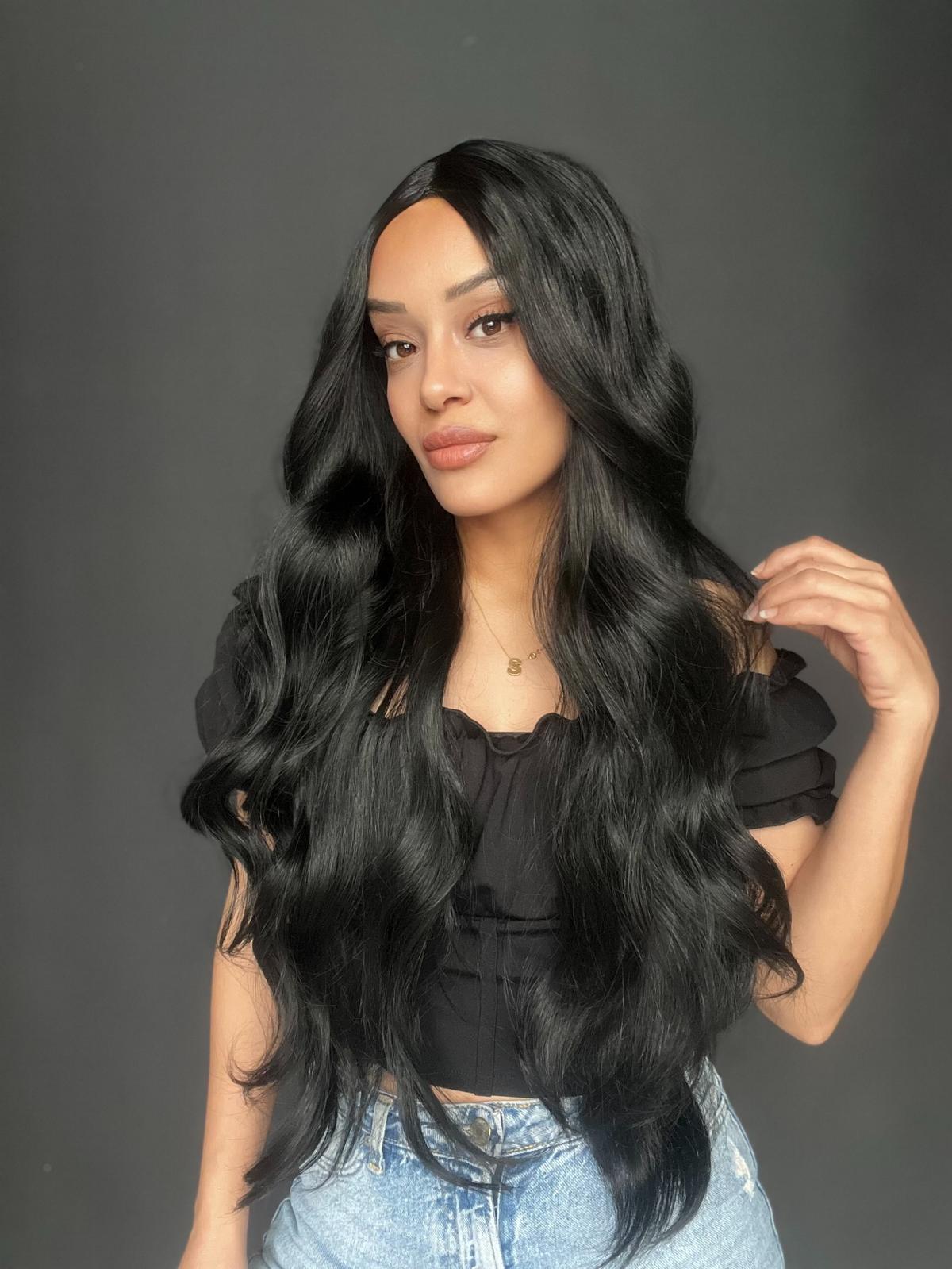 Siyah Dalgalı Fiber Sentetik Tül Peruk (Her yöne ayrımlı tam tül peruk)