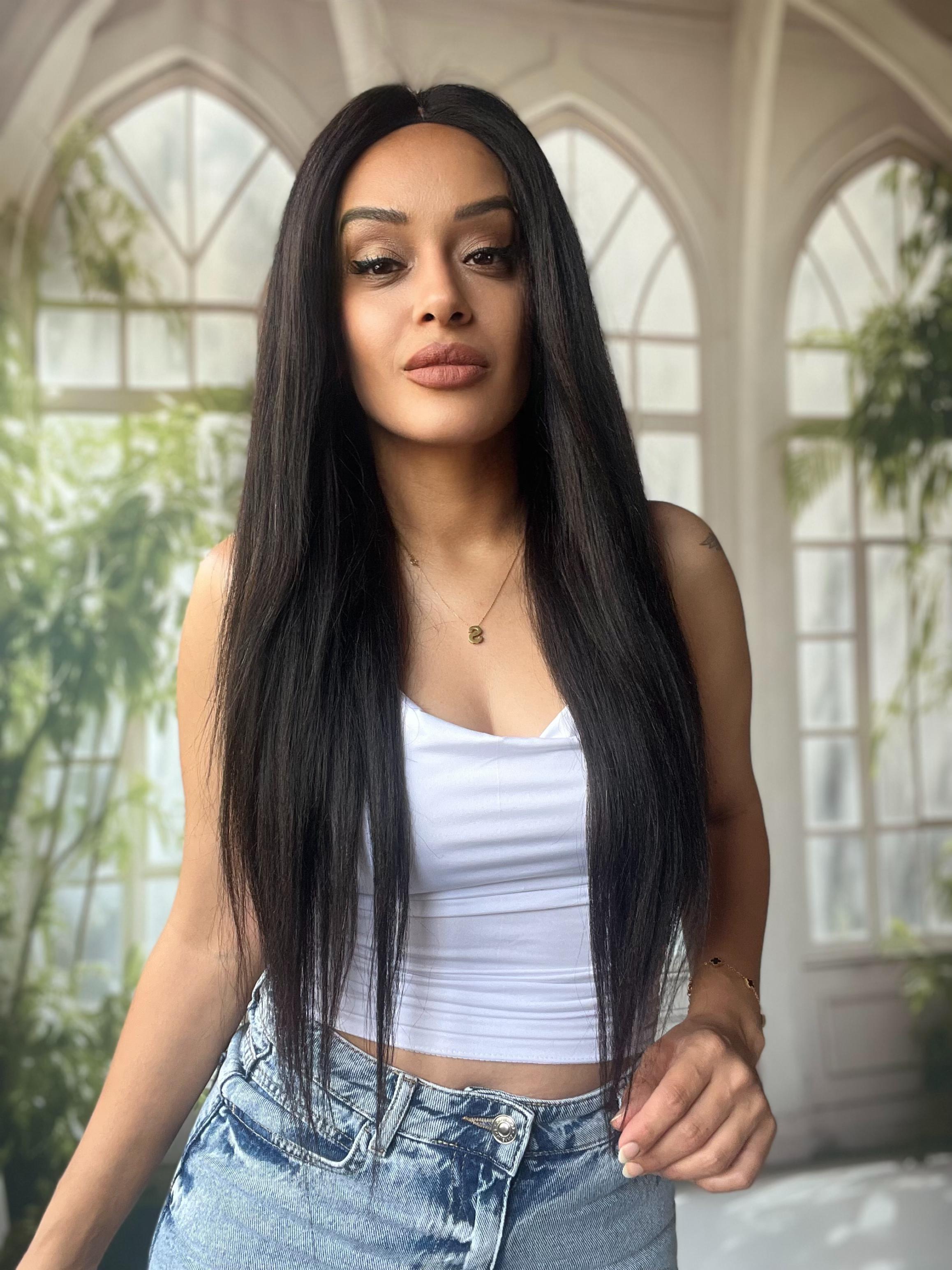 Uzun kestane rengi tül peruk