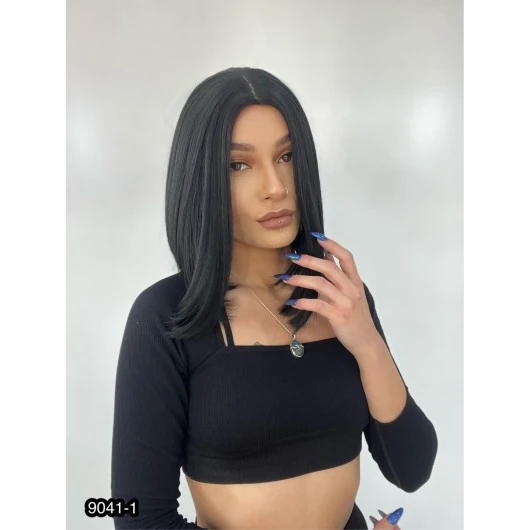 Kahkülsüz Düz Kısa Fiber Sentetik Peruk - Siyah