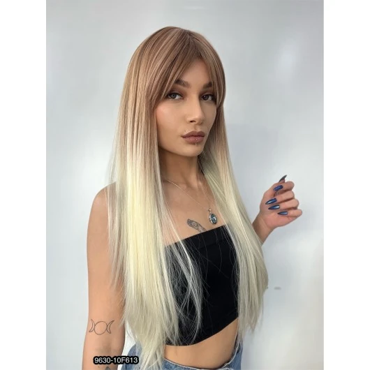 Fiber Sentetik Uzun Düz Kahküllü Peruk - Kumral / Platin Ombreli