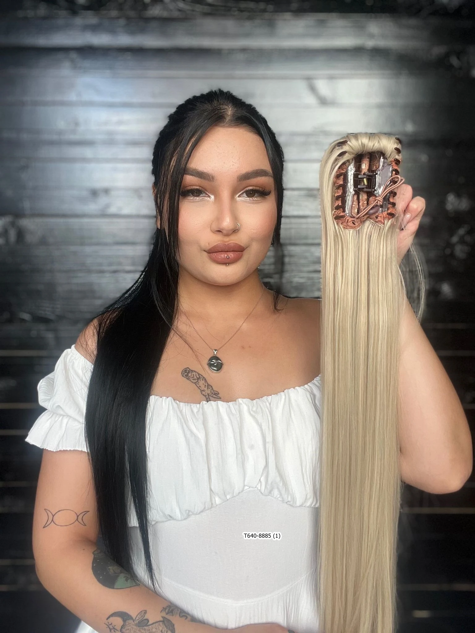 70cm Postiş Tokalı Düz At Kuyruğu - Kumral Beyaz Platin Röfleli