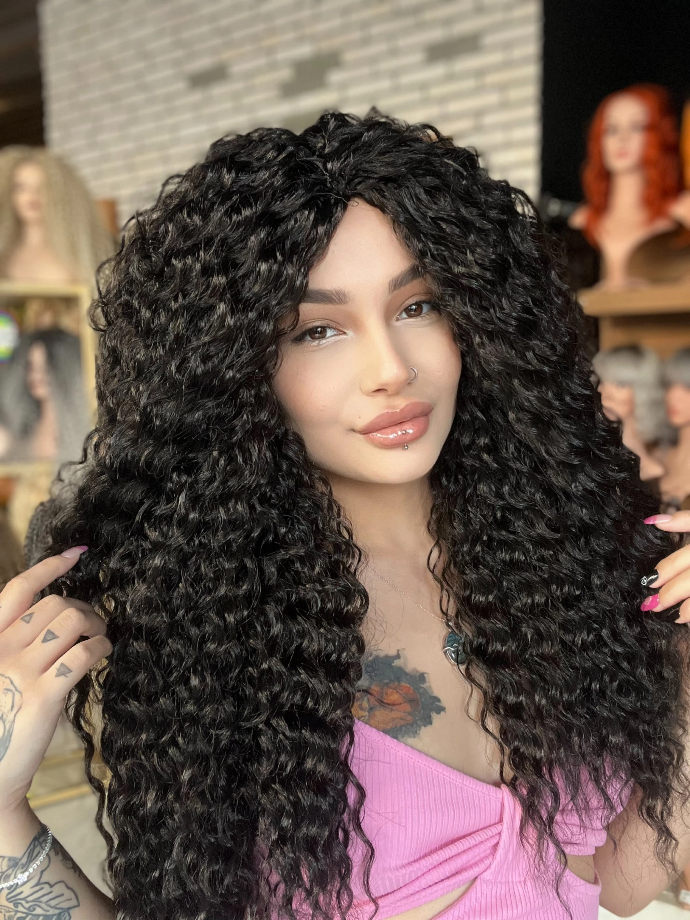 Afro Peruk Gerçek saç dokusunda ORTA BOY Siyah Afro dalga peruk