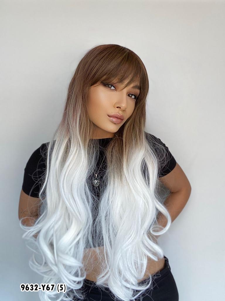 Kahküllü Uzun Dalgalı Fiber Sentetik Peruk - BEYAZ OMBRE