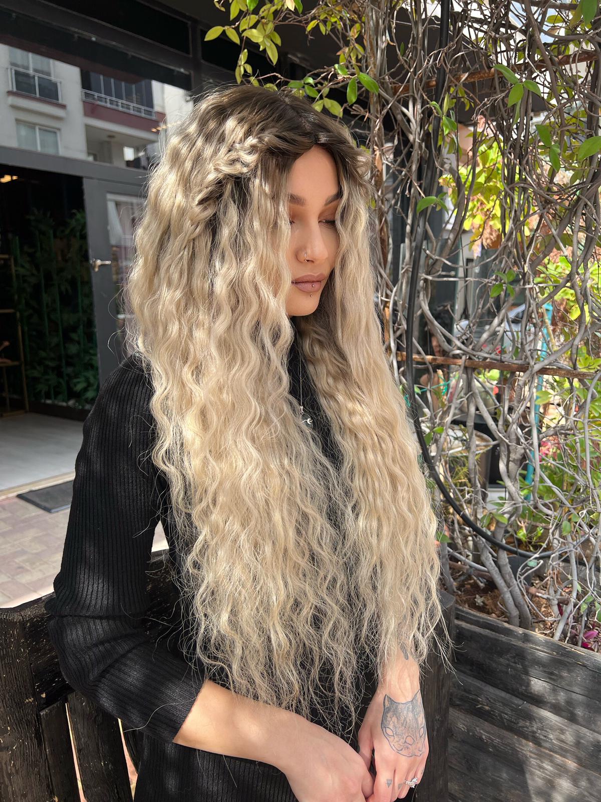 Baby ipek tabanlı Gerçek saç peruk Platin ombreli