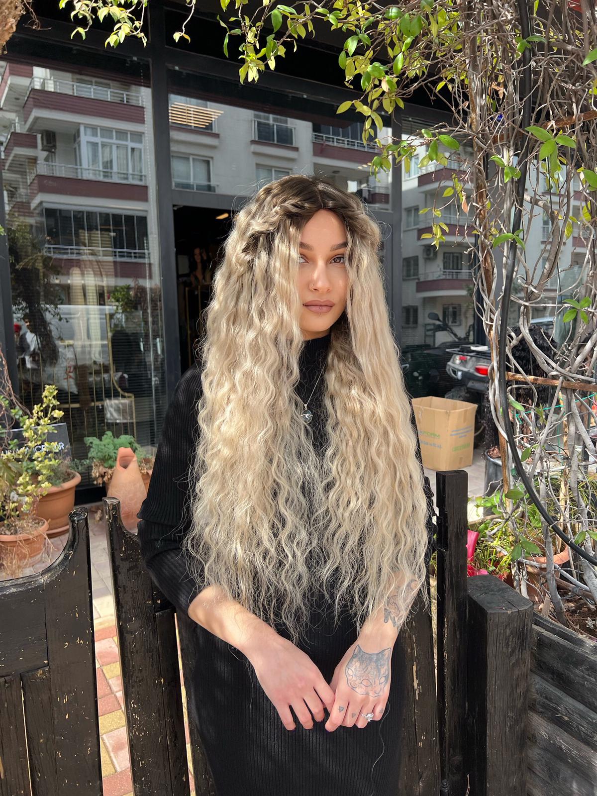 Baby ipek tabanlı Gerçek saç peruk Platin ombreli